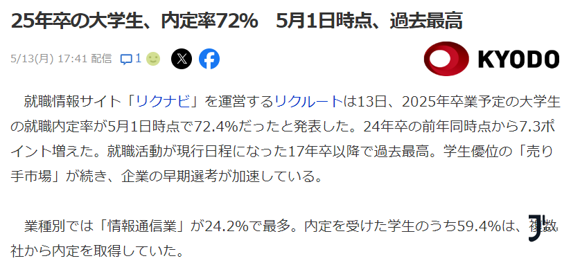 【日本留学】2025年度大学生就职内定率高达72.4％！较前一年同期增长7.3%！